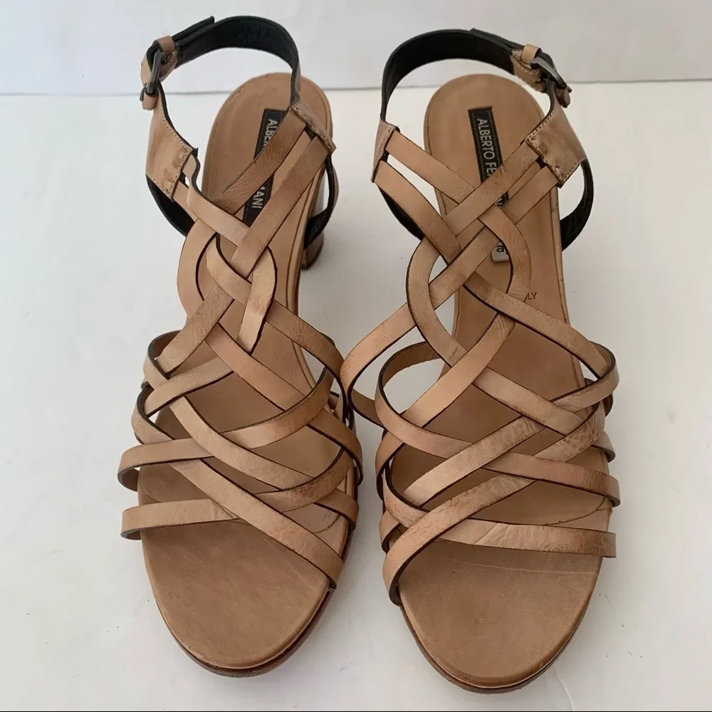 New ALBERTO FERMANI Strappy Block Heel Sandals Leather Tan Made In Italy - Picture 16 of 16
